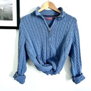 Cableknit Mock-neck Collared Half Zip Sweater Light Blue